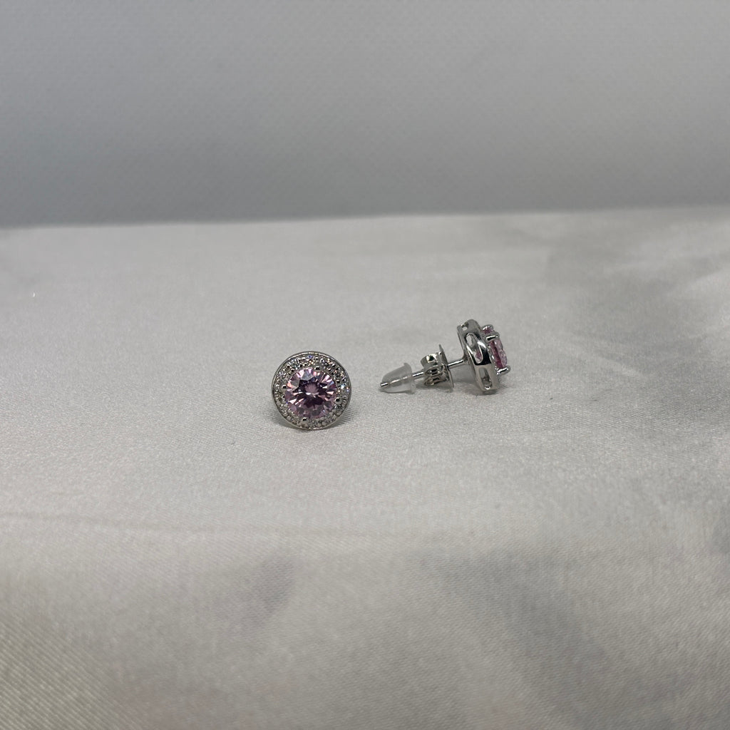 Moissanite Pink Halo Stud Earrings — Sterling Silver