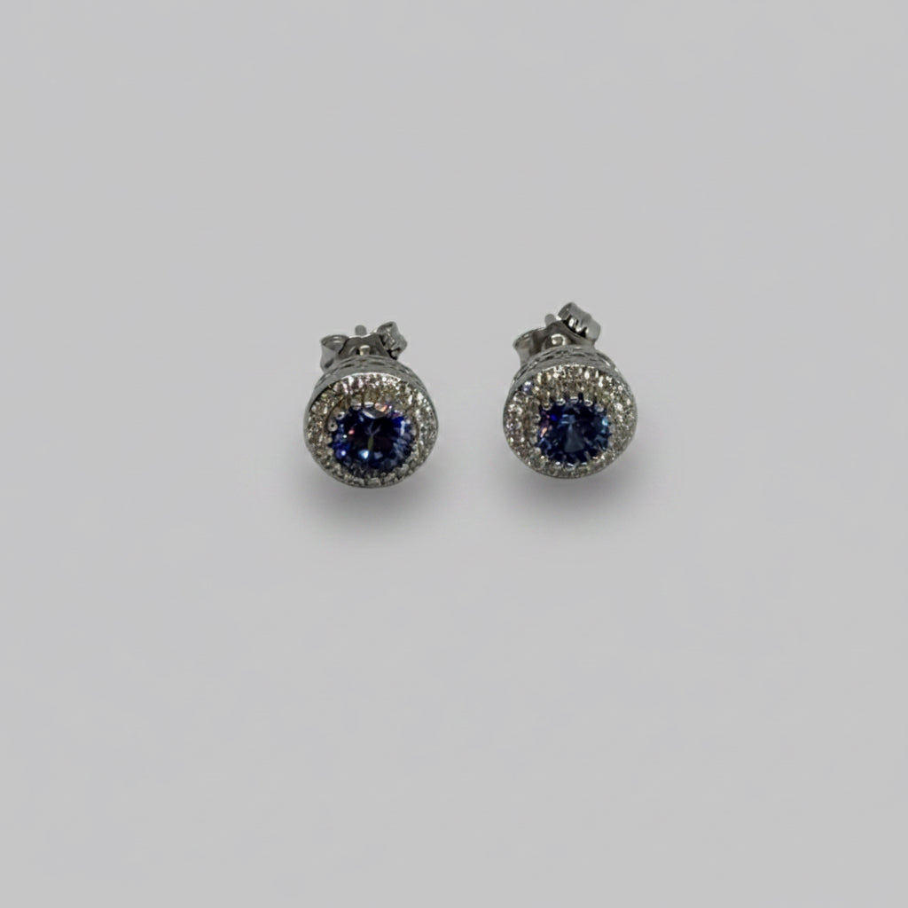 Sapphire Crown — Sapphire Double Halo Stud Earrings — 925 Sterling Silver