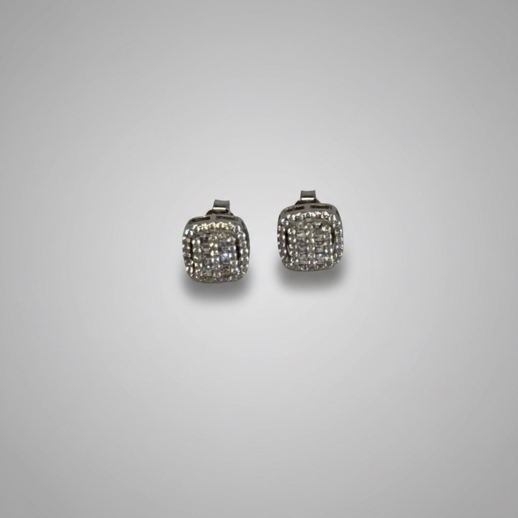 Men's Silver Cushion Double Halo Crystal Stud Earrings / Aretes de Hombre Cushion Doble Halo Plata