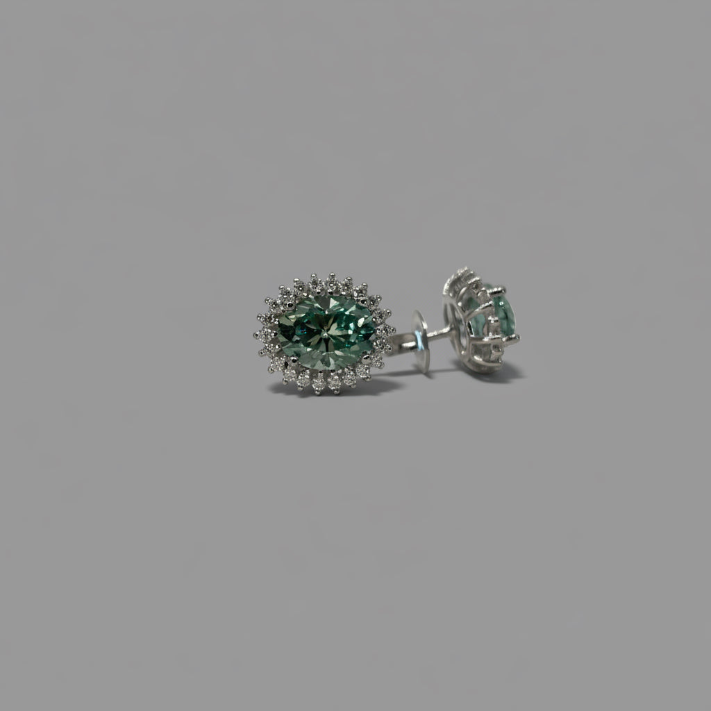 Moissanite Aurora Esmeralda Teal Floral Halo Stud Earrings — Sterling Silver