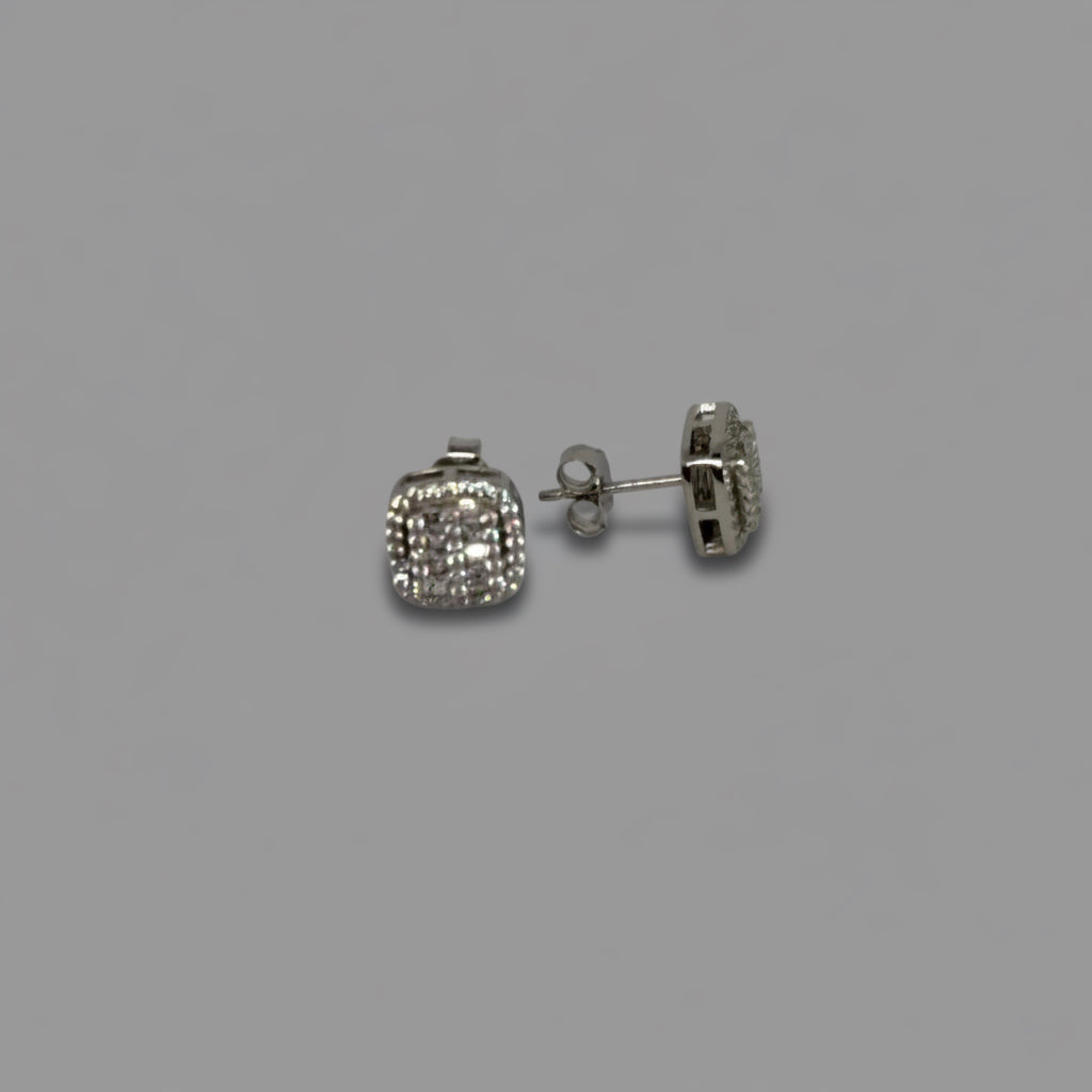 Men's Silver Cushion Double Halo Crystal Stud Earrings / Aretes de Hombre Cushion Doble Halo Plata