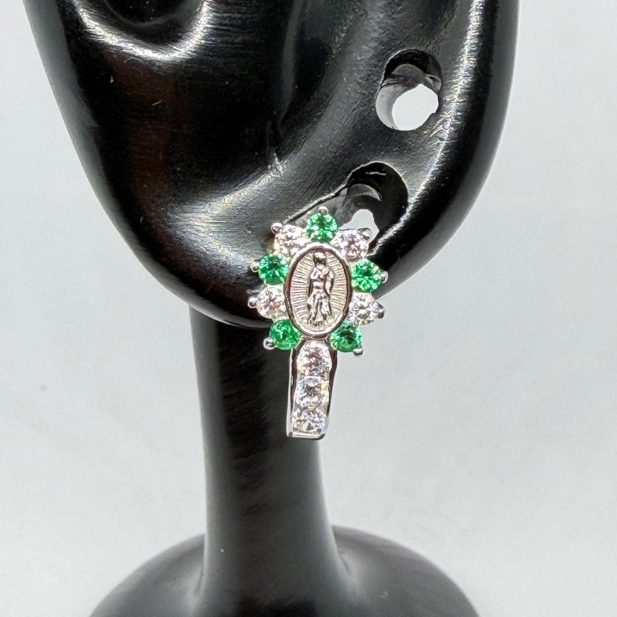 Virgin of Guadalupe Earrings – Green & Crystal / Aretes Virgen de Guadalupe – Verde y Cristal