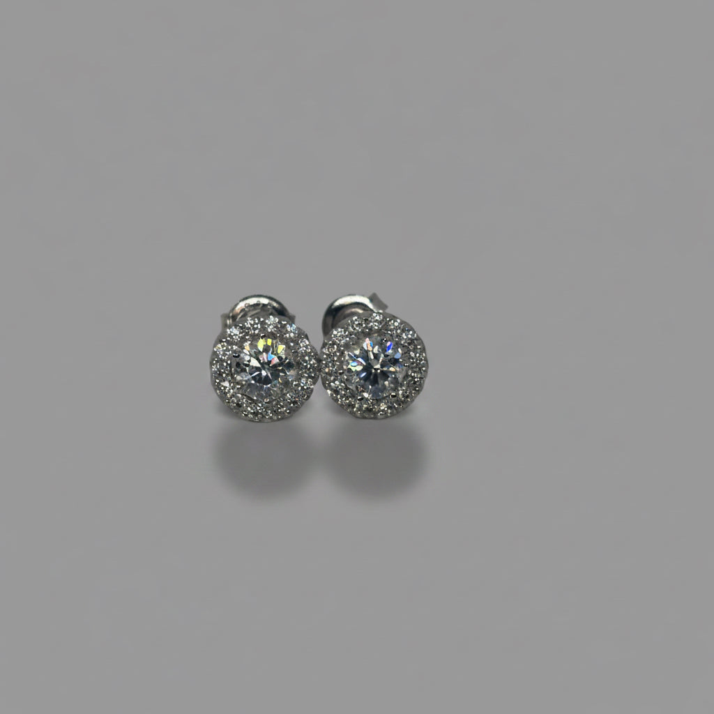 Moissanite Lumière Classique Round Halo Stud Earrings — Sterling Silver