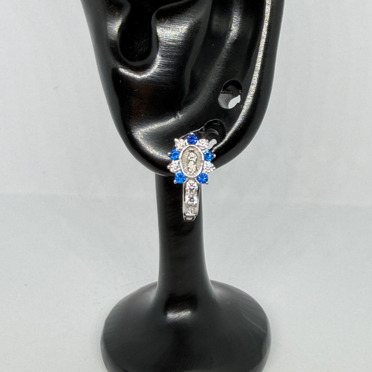 Virgin of Guadalupe Earrings – Blue & Crystal / Aretes Virgen de Guadalupe – Azul y Cristal