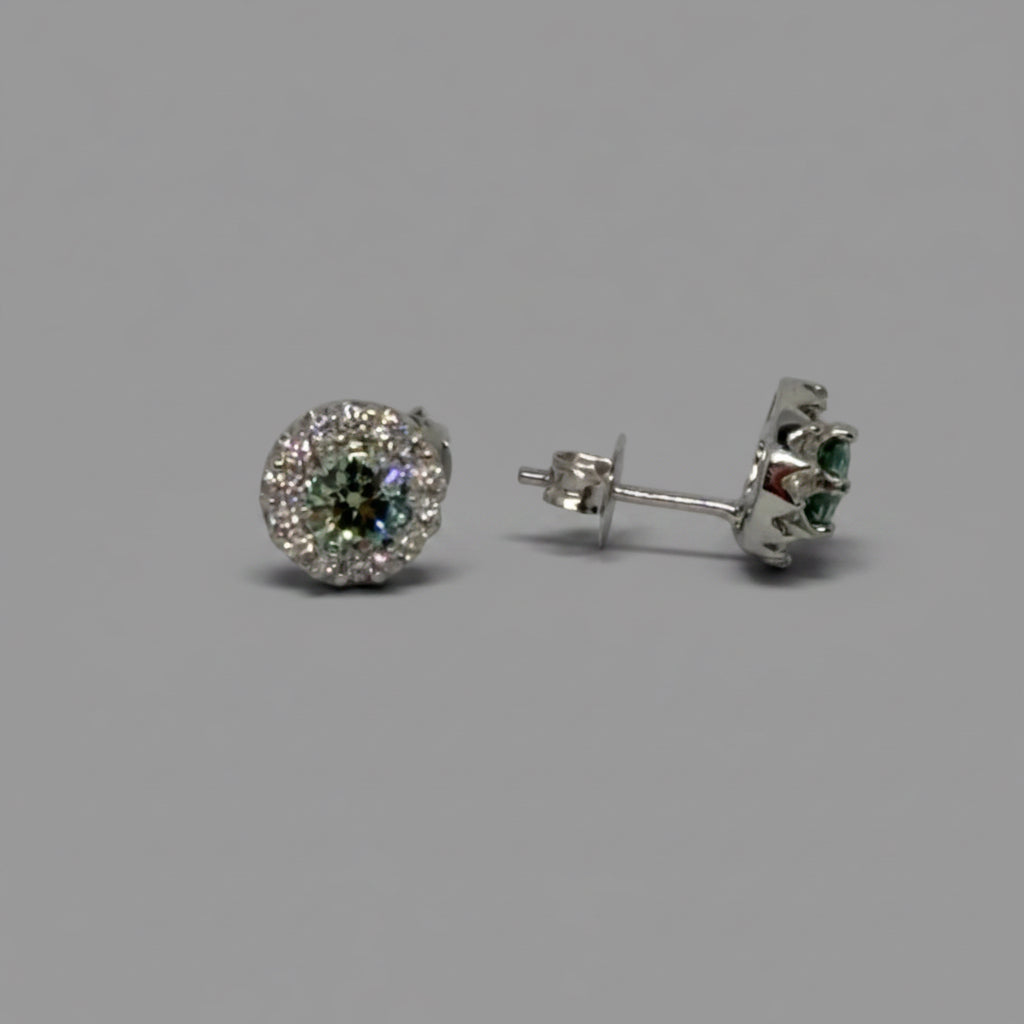 Moissanite Green Halo Stud Earrings — Sterling Silver