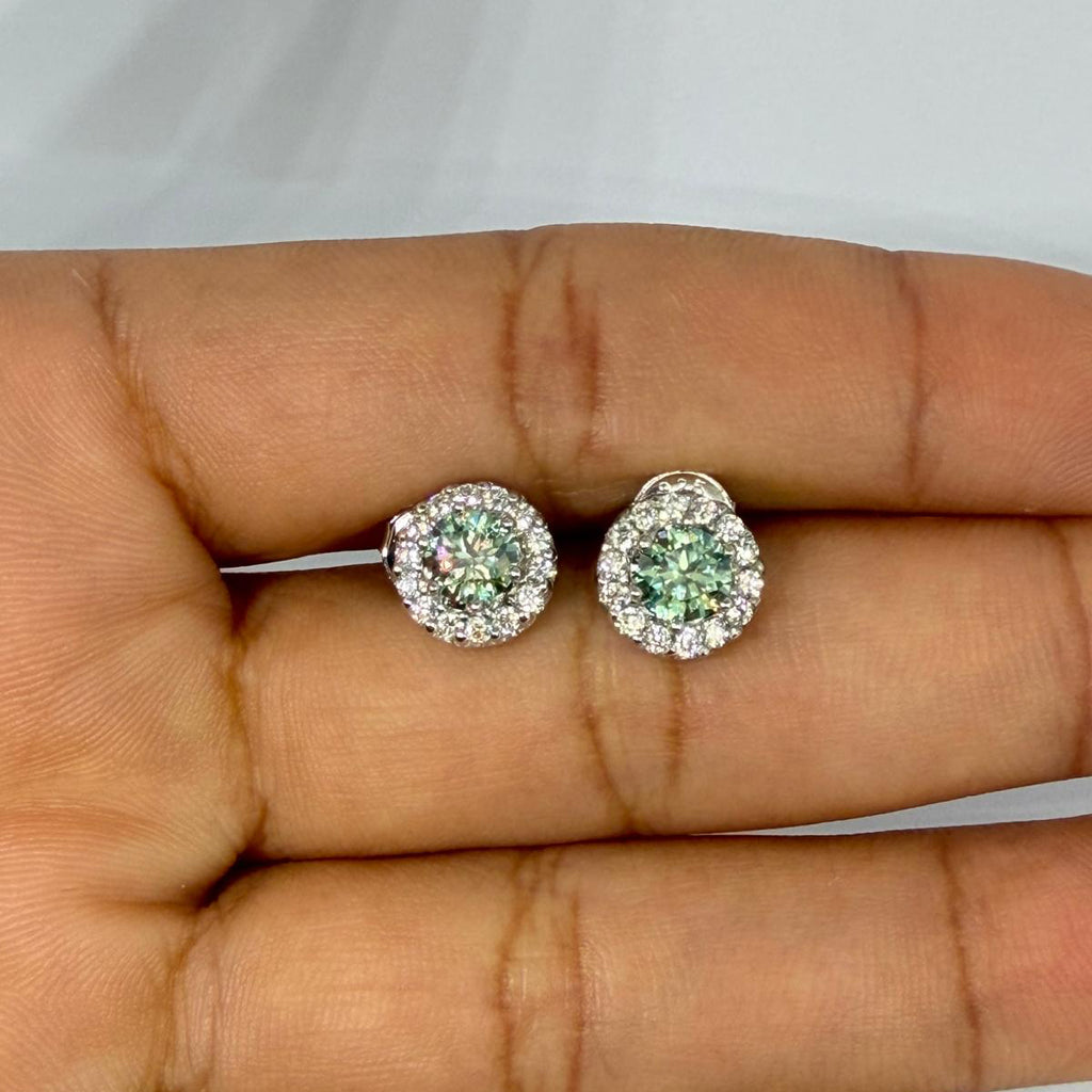 Moissanite Green Halo Stud Earrings — Sterling Silver