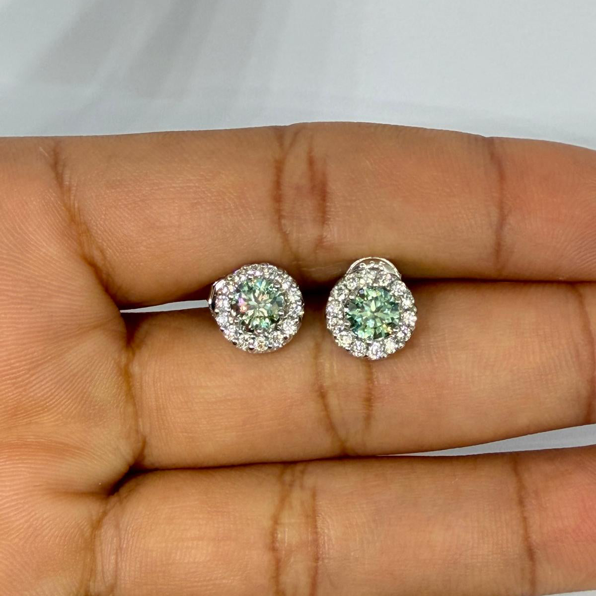 Moissanite Green Halo Stud Earrings — Sterling Silver