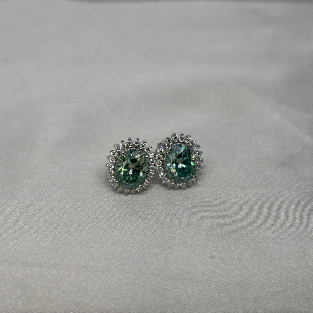 Moissanite Aurora Esmeralda Teal Floral Halo Stud Earrings — Sterling Silver