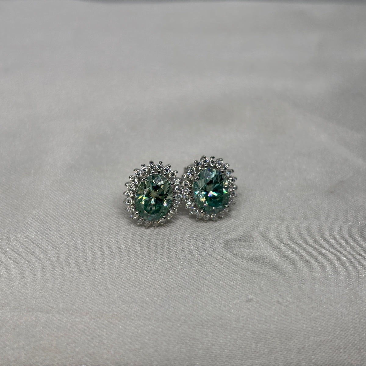 Moissanite Aurora Esmeralda Teal Floral Halo Stud Earrings — Sterling Silver