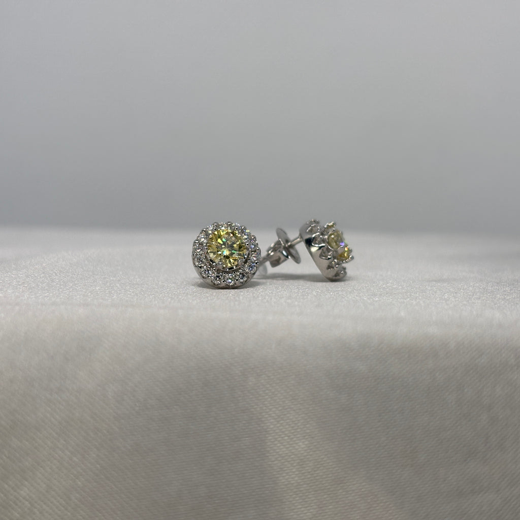 Moissanite Soleil Doré Halo Stud Earrings — Sterling Silver