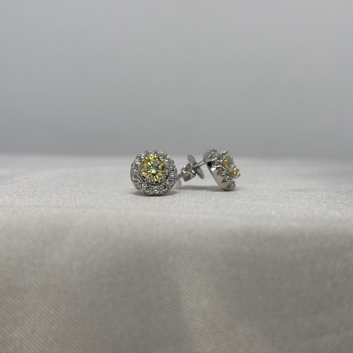 Moissanite Soleil Doré Halo Stud Earrings — Sterling Silver