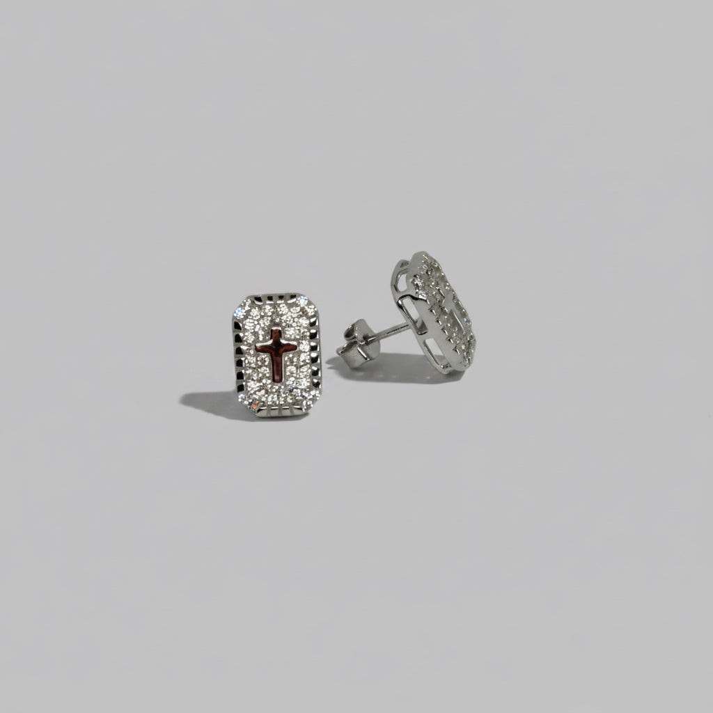 Men's Silver Cross Crystal Stud Earrings / Aretes de Hombre Cruz con Cristales Plata