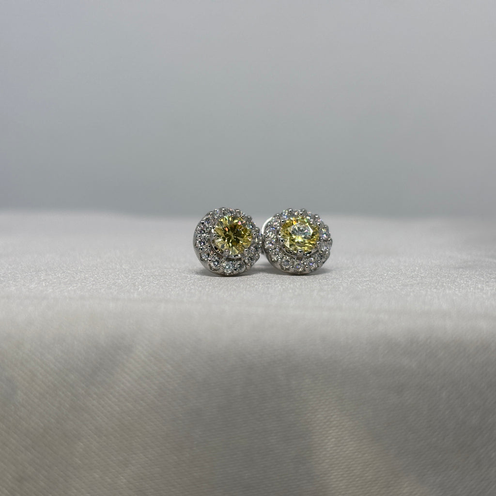 Moissanite Soleil Doré Halo Stud Earrings — Sterling Silver