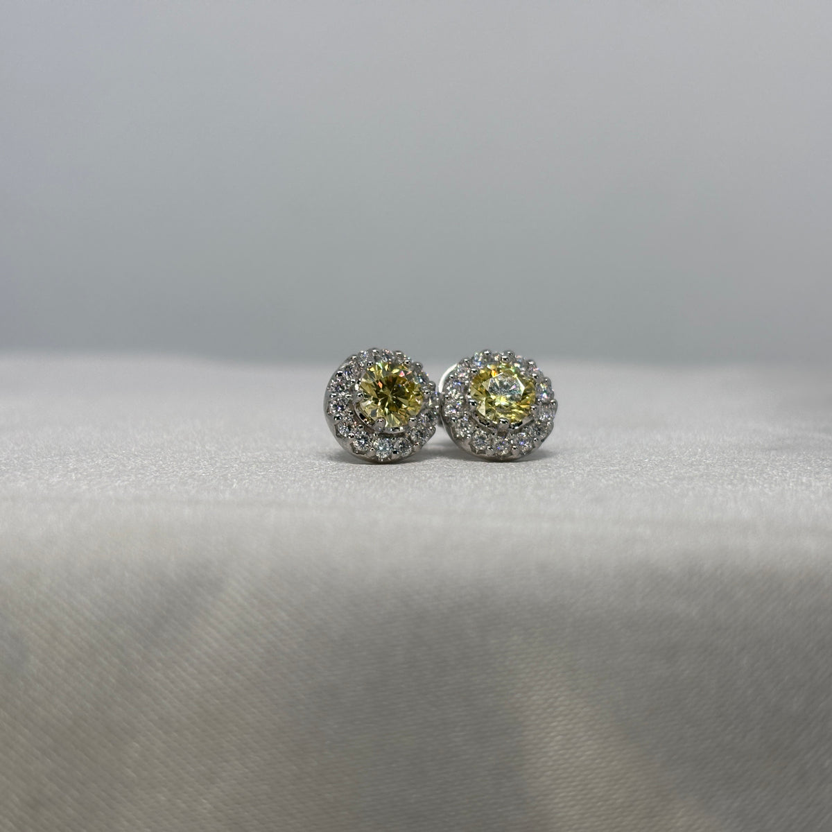 Moissanite Soleil Doré Halo Stud Earrings — Sterling Silver