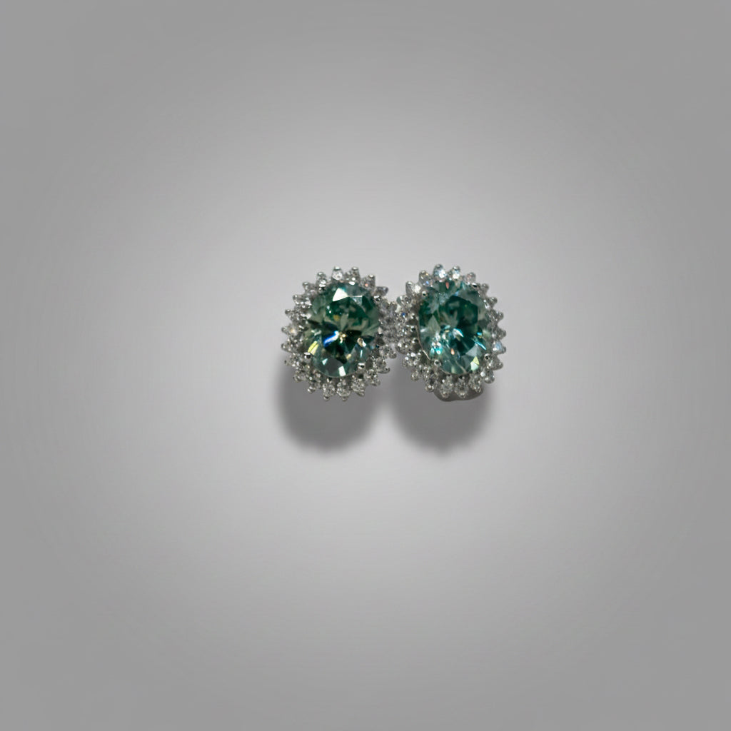 Moissanite Aurora Esmeralda Teal Floral Halo Stud Earrings — Sterling Silver
