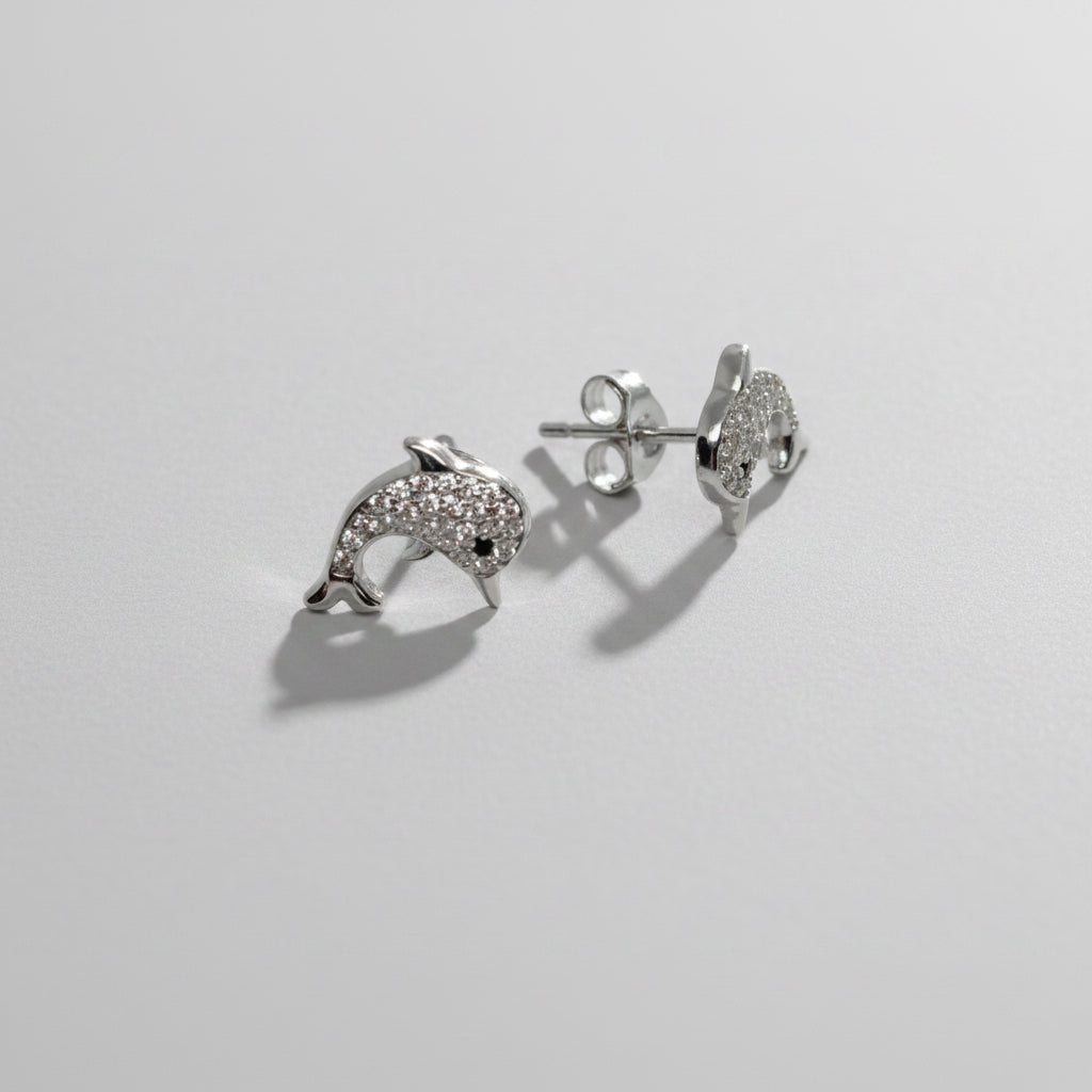 Ocean Soul — Dolphin Pavé Stud Earrings — 925 Sterling Silver