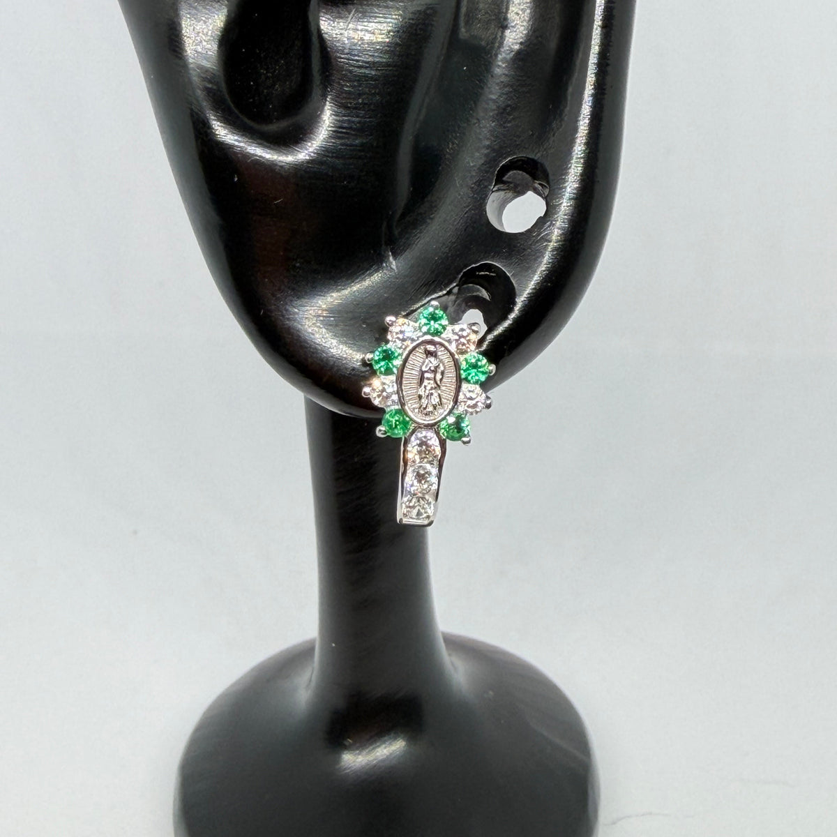 Virgin of Guadalupe Earrings – Green & Crystal / Aretes Virgen de Guadalupe – Verde y Cristal