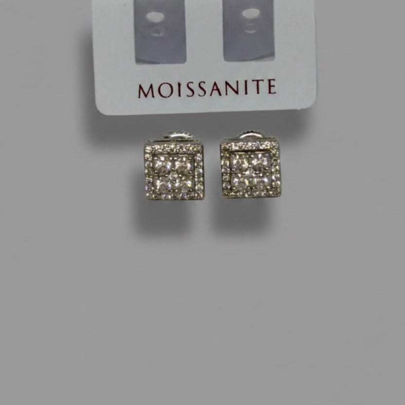 Moissanite Square Halo Stud Earrings — Sterling Silver