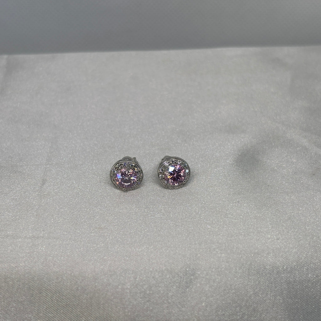 Moissanite Pink Halo Stud Earrings — Sterling Silver