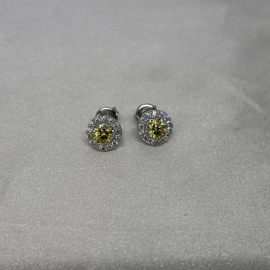Moissanite Soleil Doré Halo Stud Earrings — Sterling Silver