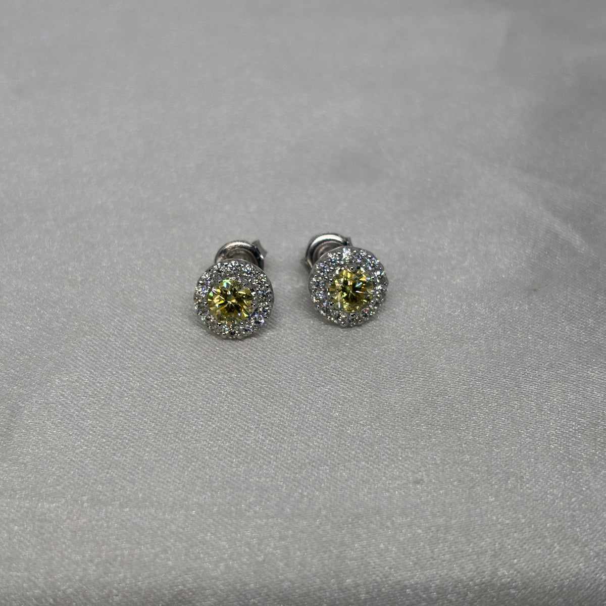 Moissanite Soleil Doré Halo Stud Earrings — Sterling Silver