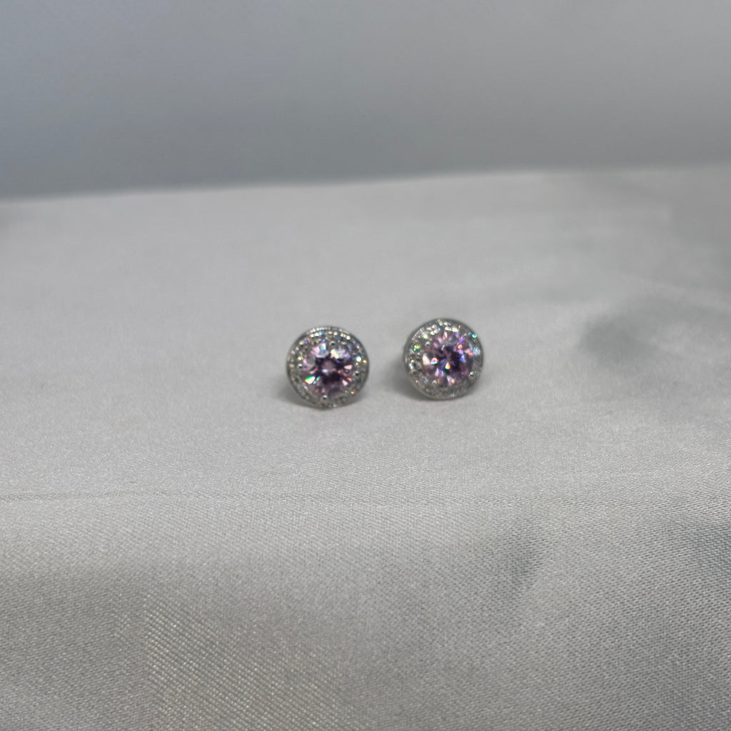 Moissanite Pink Halo Stud Earrings — Sterling Silver