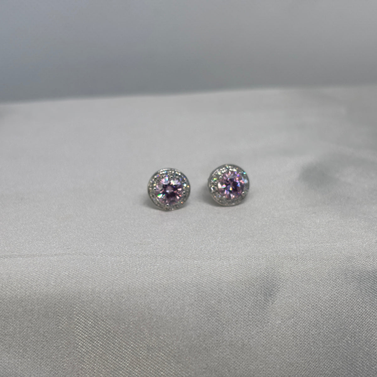 Moissanite Pink Halo Stud Earrings — Sterling Silver