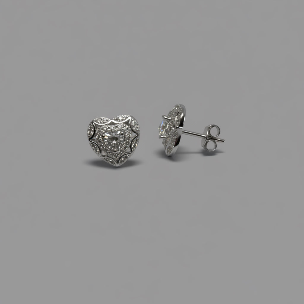Pure Love — Floating Solitaire Heart Stud Earrings — 925 Sterling Silver