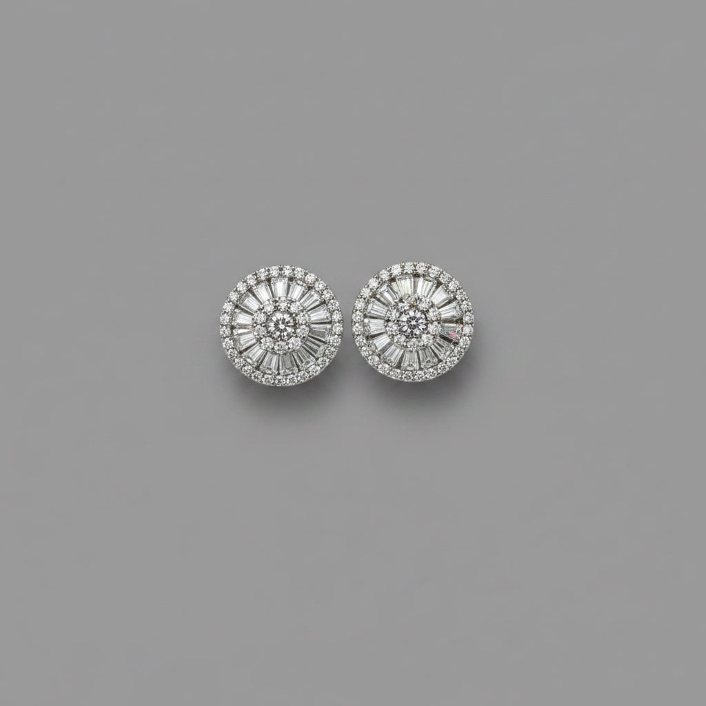 Solar Burst — Round Baguette Fan Crystal Stud Earrings — 925 Sterling Silver
