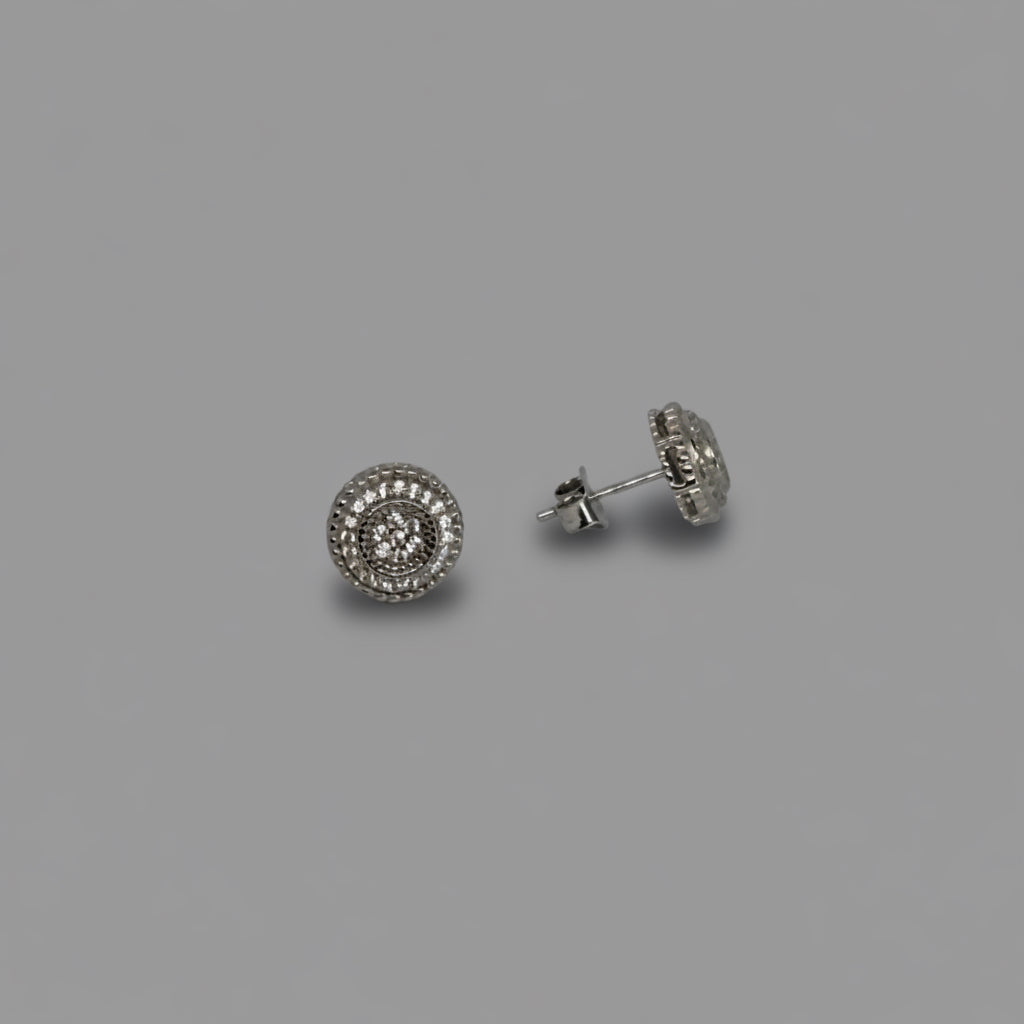 Men's Silver Round Double Halo Crystal Stud Earrings / Aretes de Hombre Redondos Doble Halo Plata