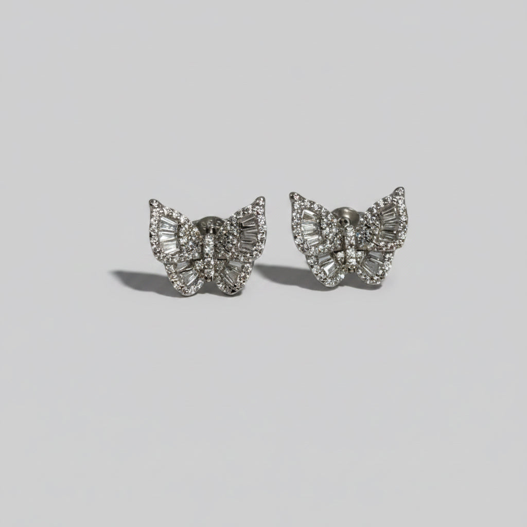 Crystal Wings — Large Baguette Butterfly Stud Earrings — 925 Sterling Silver