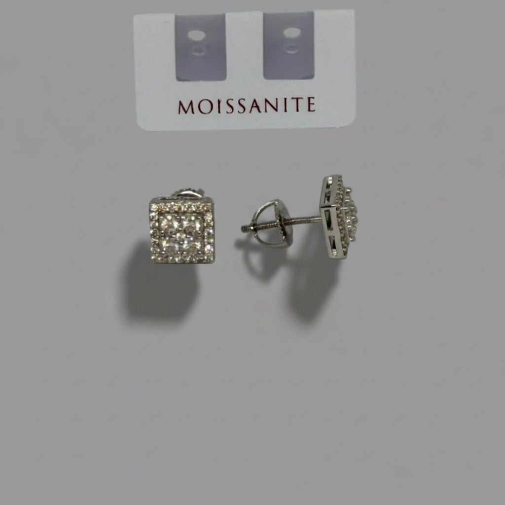 Moissanite Square Halo Stud Earrings — Sterling Silver