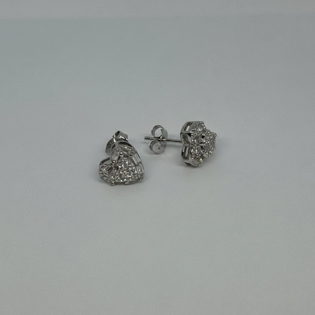 Vintage Heart — Floral Heart Crystal Stud Earrings — 925 Sterling Silver