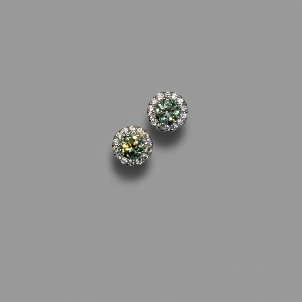 Moissanite Green Halo Stud Earrings — Sterling Silver