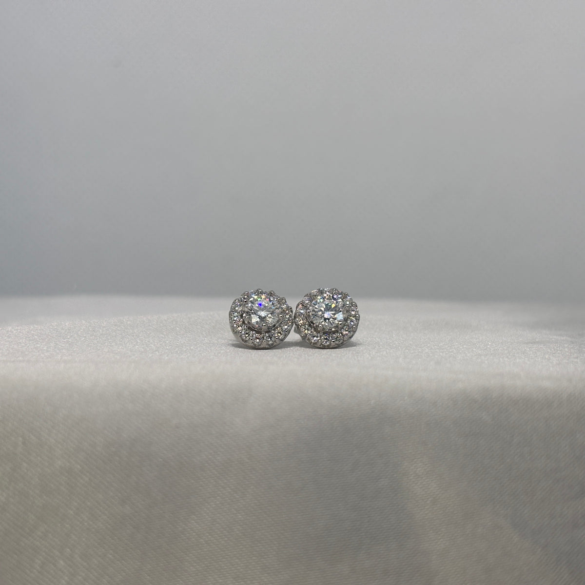 Moissanite Lumière Classique Round Halo Stud Earrings — Sterling Silver