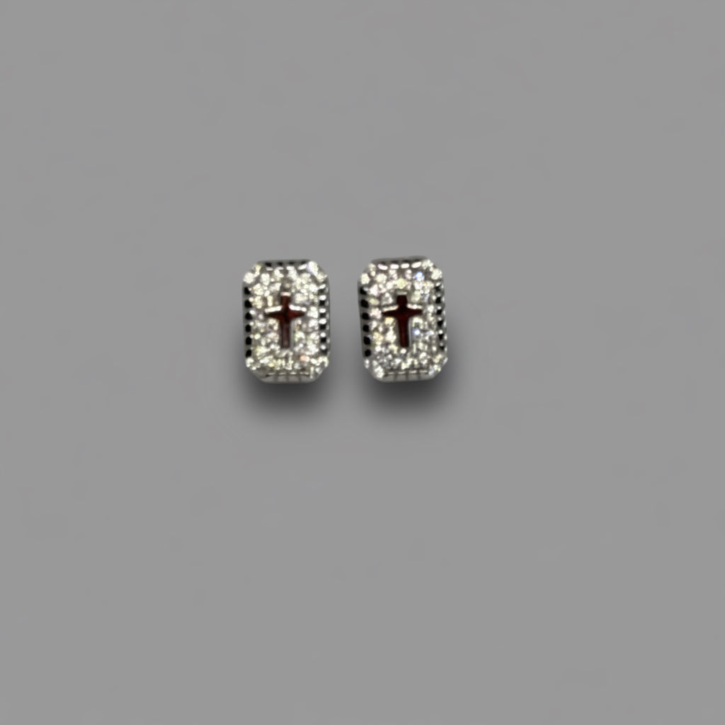 Men's Silver Cross Crystal Stud Earrings / Aretes de Hombre Cruz con Cristales Plata