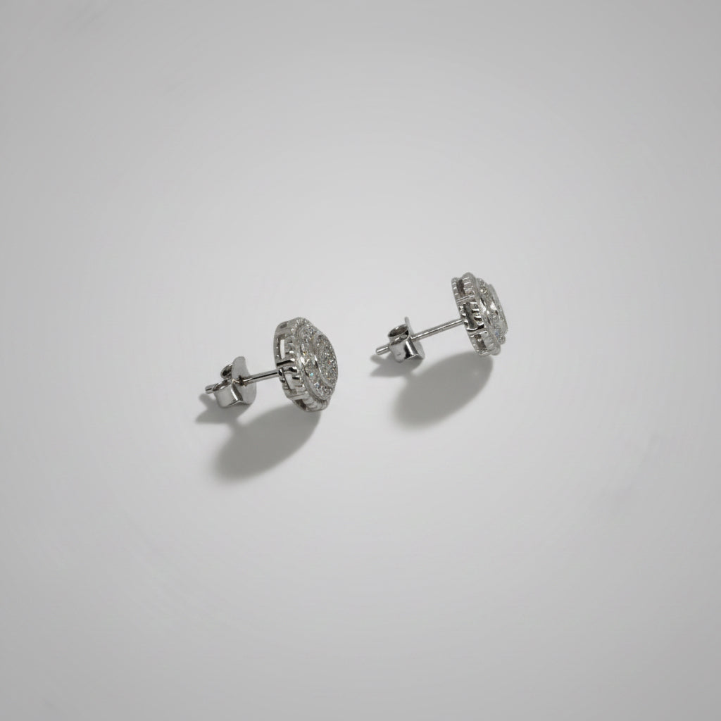 Men's Silver Round Double Halo Crystal Stud Earrings / Aretes de Hombre Redondos Doble Halo Plata