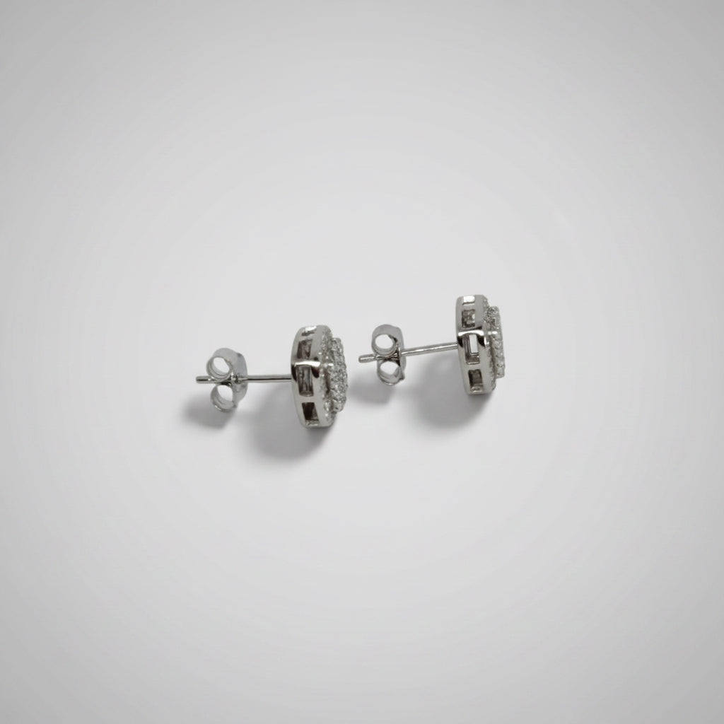 Men's Silver Cushion Double Halo Crystal Stud Earrings / Aretes de Hombre Cushion Doble Halo Plata