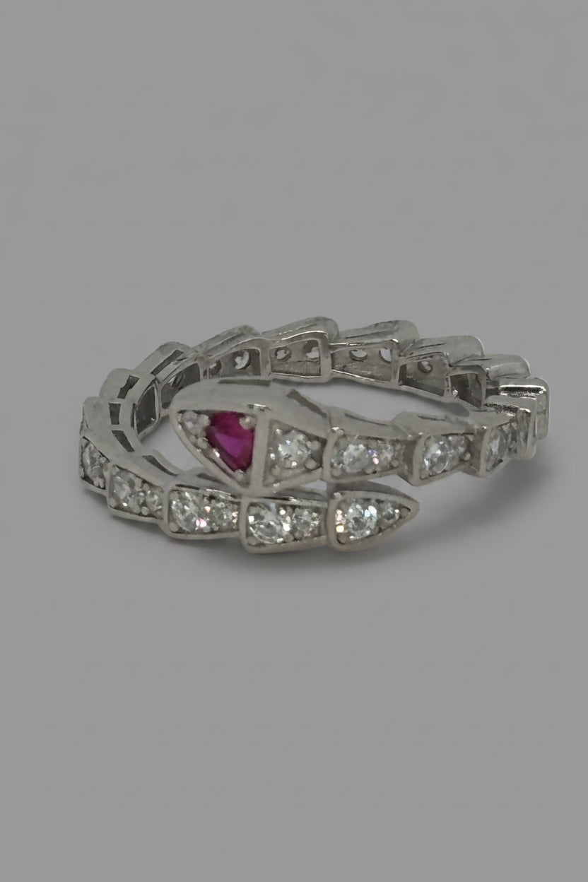 Ruby-Crowned Serpent Ring — 925 Sterling Silver