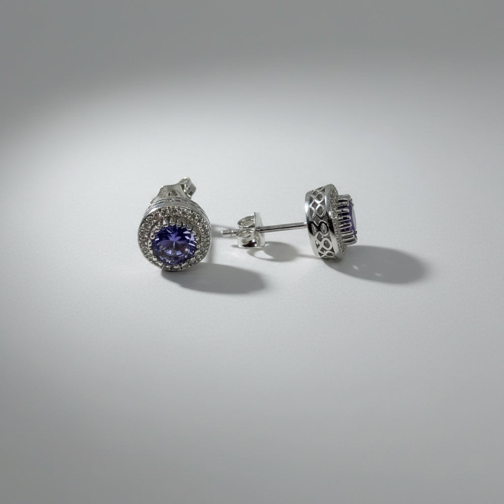 Sapphire Crown — Sapphire Double Halo Stud Earrings — 925 Sterling Silver