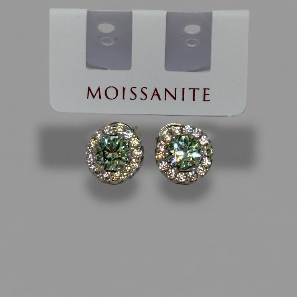 Moissanite Green Halo Stud Earrings — Sterling Silver